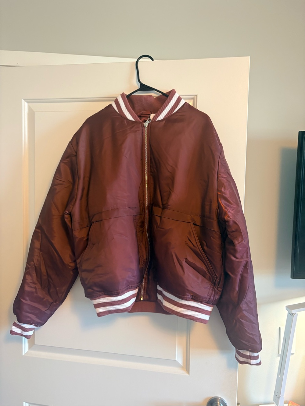 ALO Yoga Maroon Bomber Jacket with White Stripe Trim
